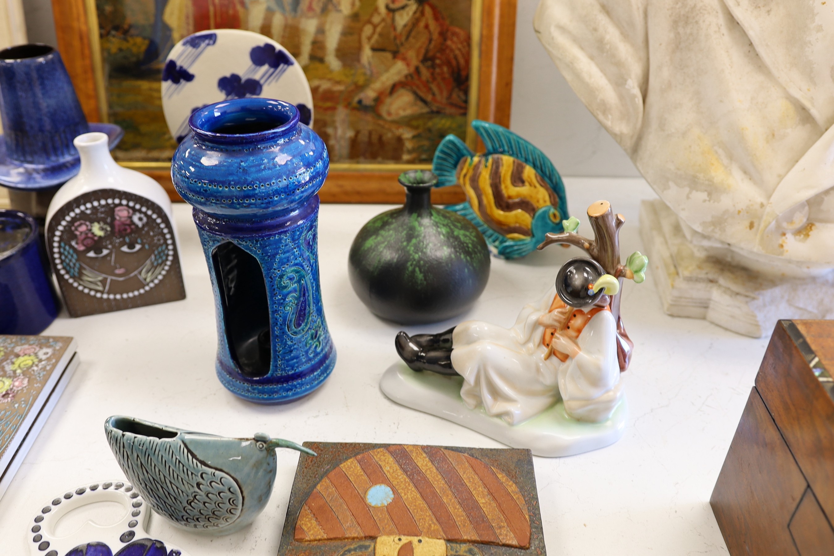 A group of assorted mainly Danish ceramics including a Lisa Larsson pot and a Timo Sarvimäki group and a Gustavsberg chicken, pots etc., tallest, turquoise candle holder 26cms high